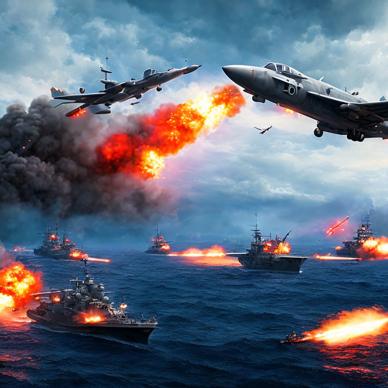 Military jets and naval ships in intense air and sea battle.