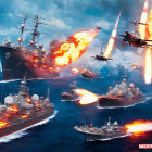 Military jets and naval ships in intense air and sea battle.