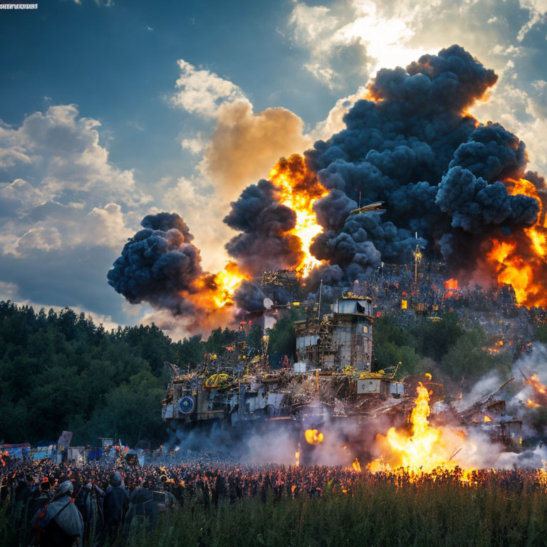 Massive industrial fire with thick smoke and onlookers under dramatic sky