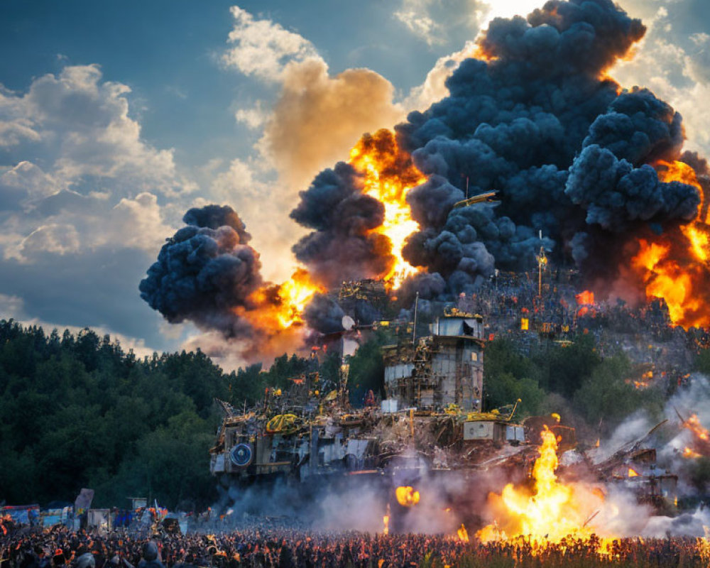 Massive industrial fire with thick smoke and onlookers under dramatic sky