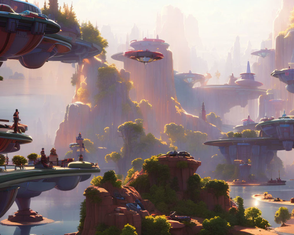 Futuristic cityscape with towering spires and floating structures