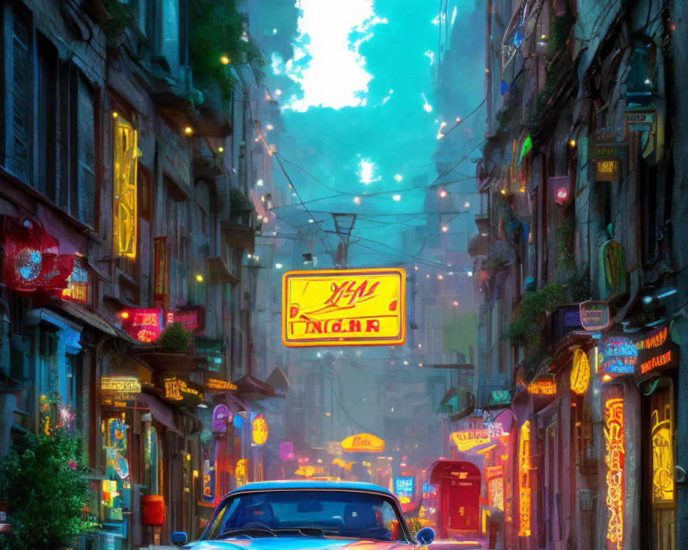 Colorful dusk street scene with neon signs, classic car, and string lights amid towering buildings