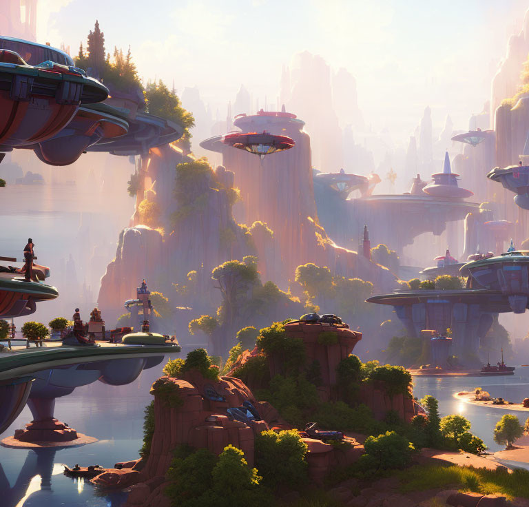 Futuristic cityscape with towering spires and floating structures