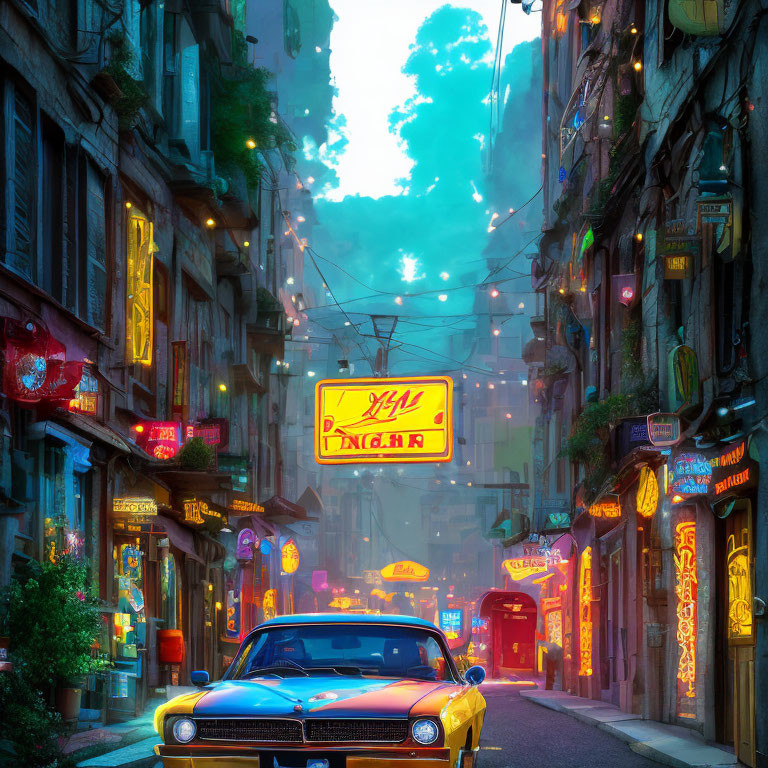 Colorful dusk street scene with neon signs, classic car, and string lights amid towering buildings