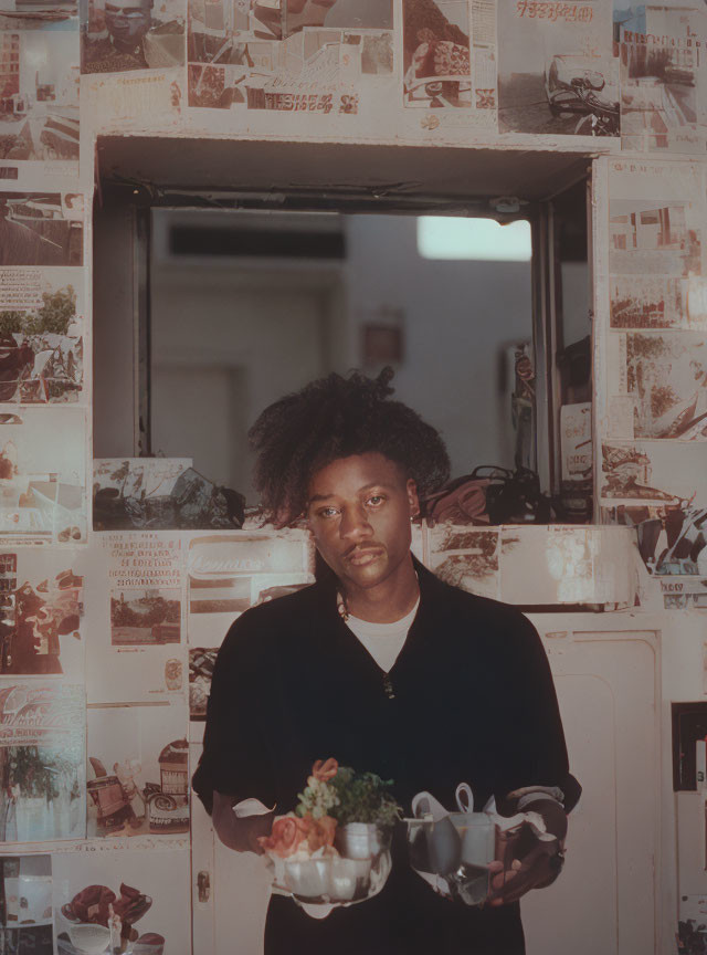 Room with Newspaper-Clad Walls, Person Holding Teapot Tray, Potted Plants
