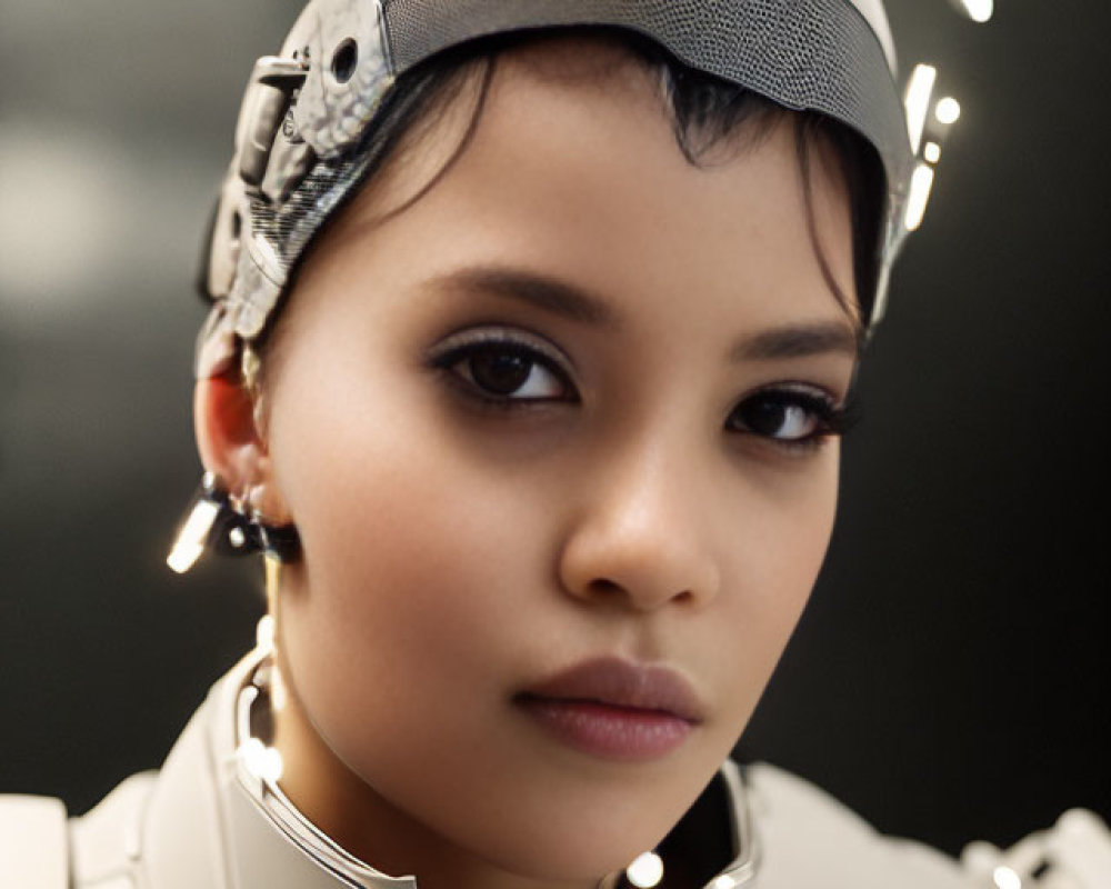 Futuristic sci-fi themed young individual in advanced suit and helmet