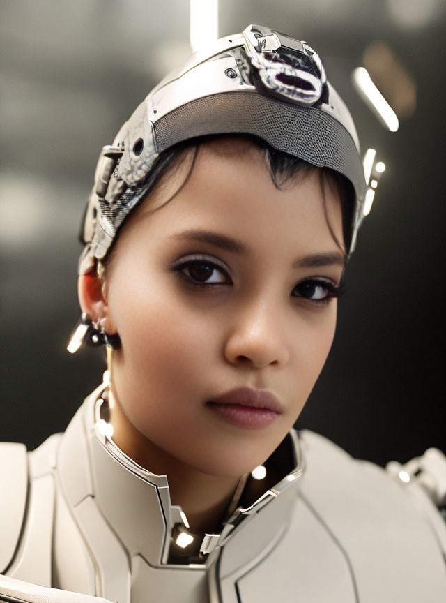 Futuristic sci-fi themed young individual in advanced suit and helmet