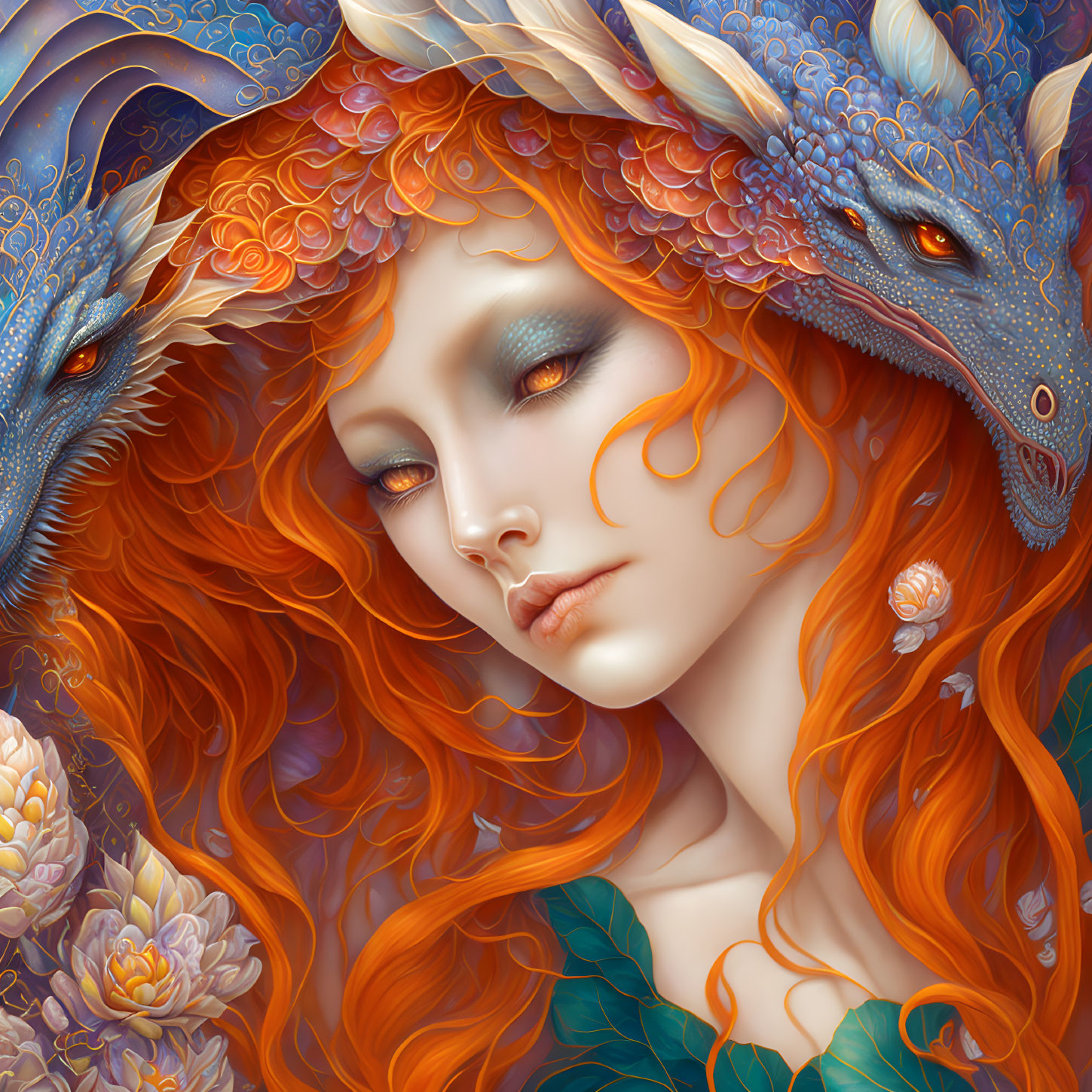 Fantasy illustration of woman with fiery red hair and blue dragon in mystical setting.