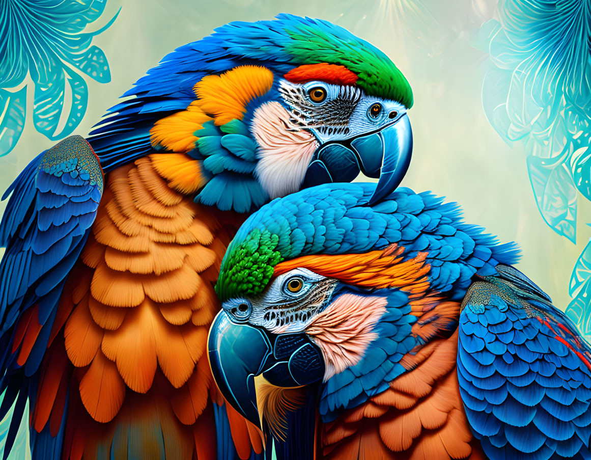 Colorful Macaws Resting Among Stylized Foliage