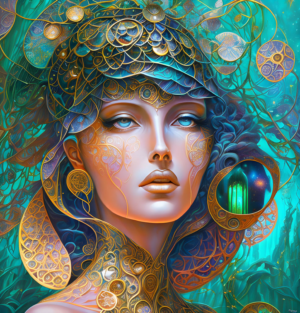 Intricate golden headdress woman in cosmic-themed digital art