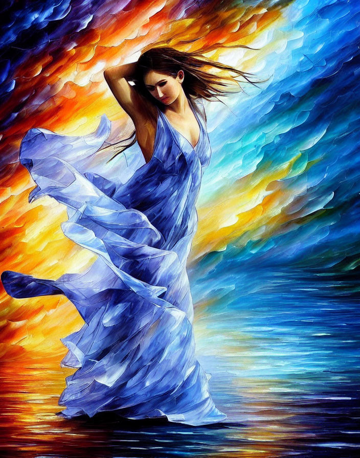 Colorful Painting of Woman in Blue Dress on Abstract Background