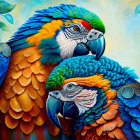 Colorful Macaws Resting Among Stylized Foliage