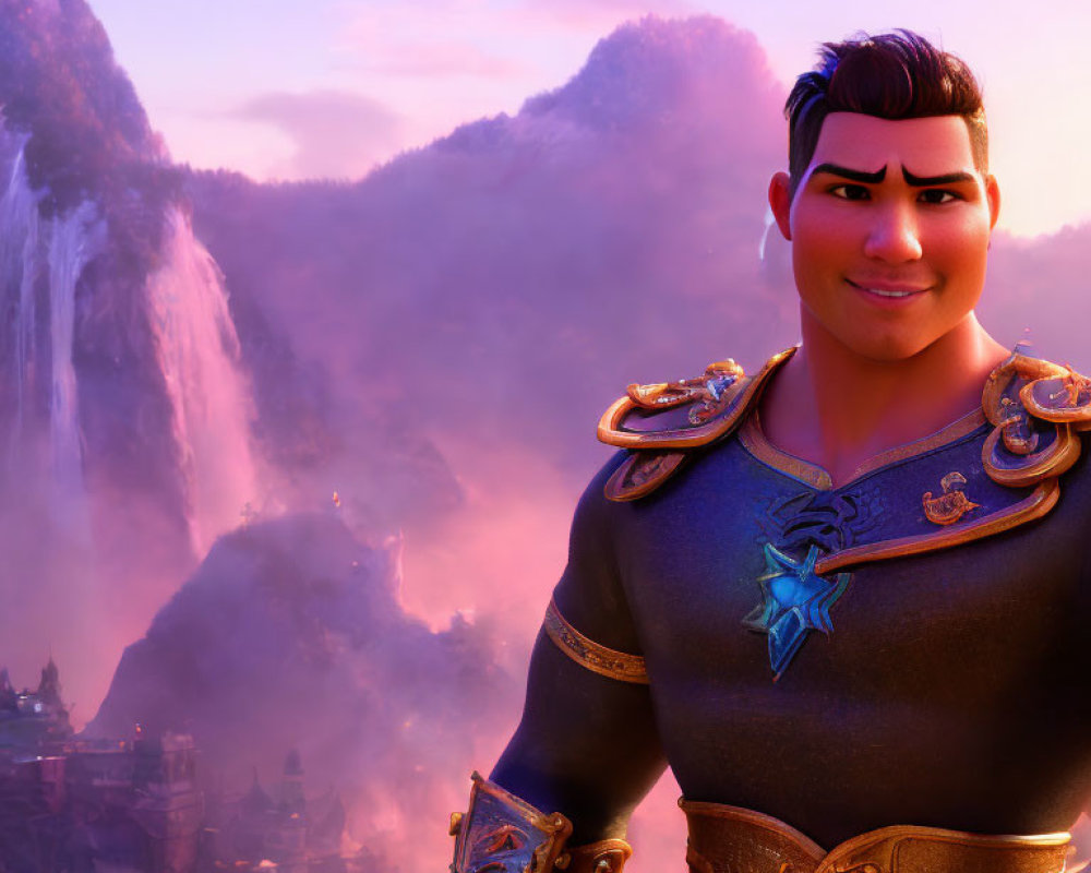 Dark-Haired Animated Character in Armor Smirking at Sunset