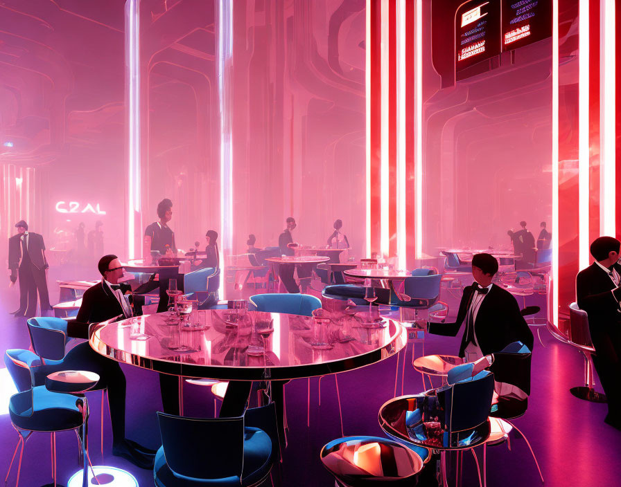 Modern bar scene with neon lights and formal attire patrons