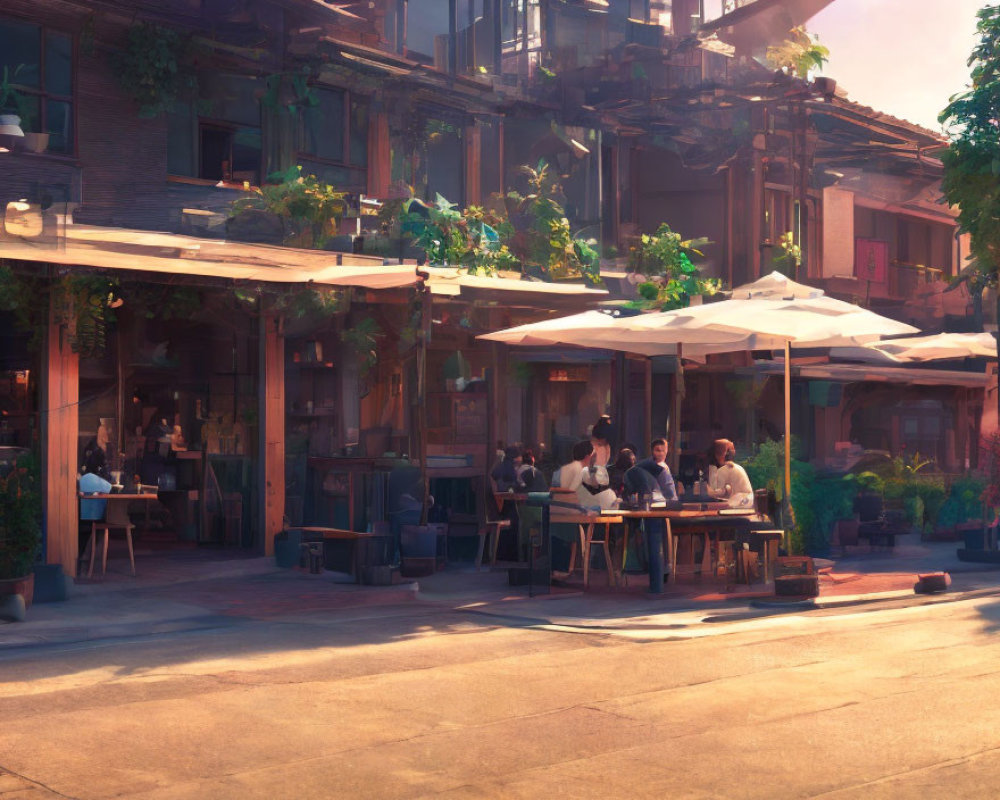 Outdoor Dining Area with People under White Umbrellas and Rustic Buildings