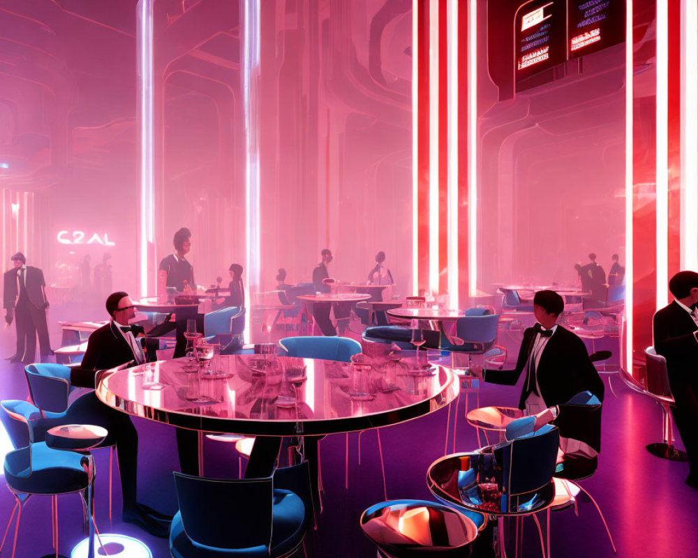 Modern bar scene with neon lights and formal attire patrons