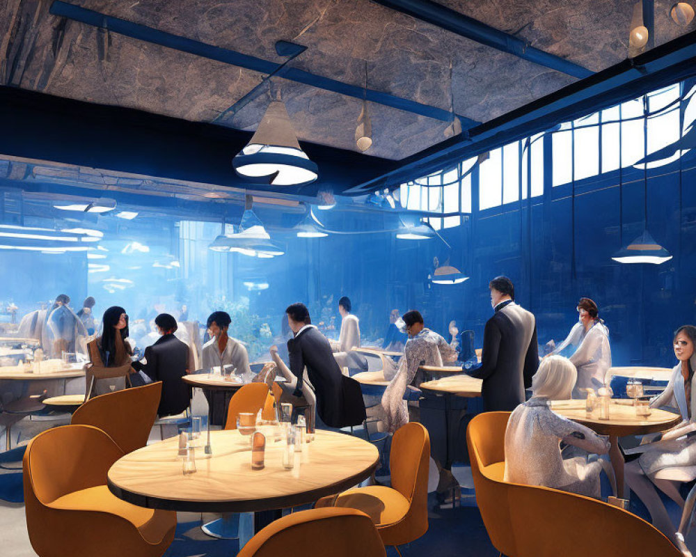 Stylish Restaurant with Warm Lighting and Blue Tinted Windows