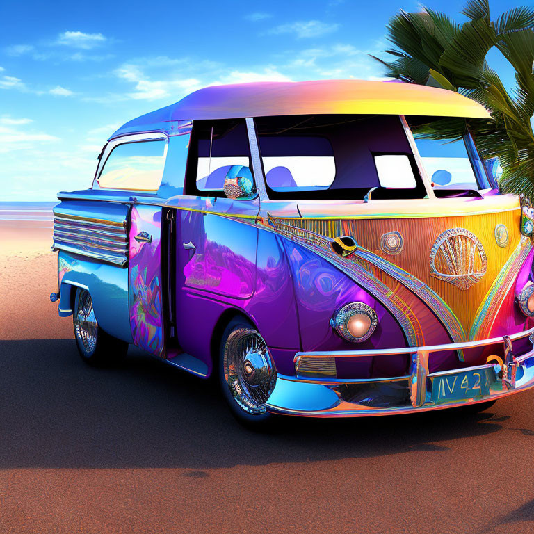 Colorful Vintage Van with Psychedelic Patterns at Beach Parking