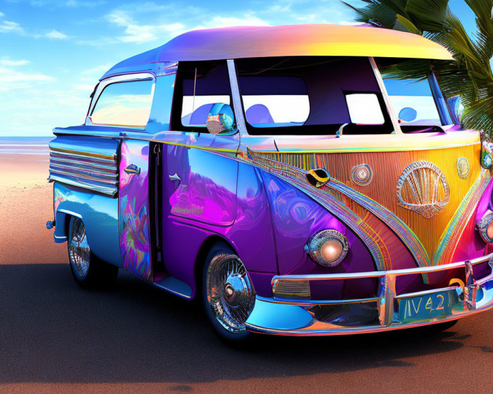 Colorful Vintage Van with Psychedelic Patterns at Beach Parking