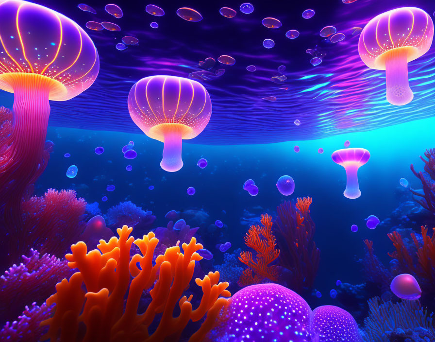 Colorful Jellyfish and Coral Reef in Tranquil Underwater Scene