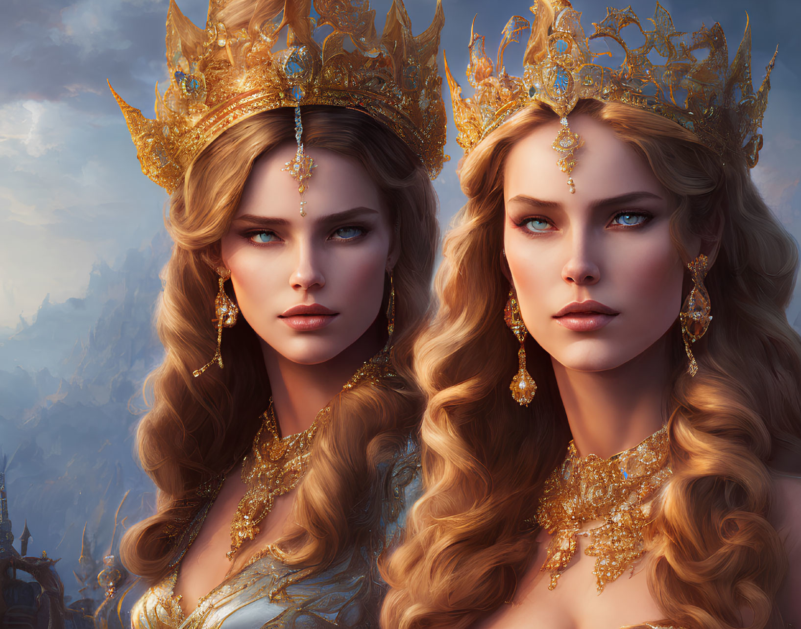 Two regal women in golden crowns and jewelry against mountain backdrop