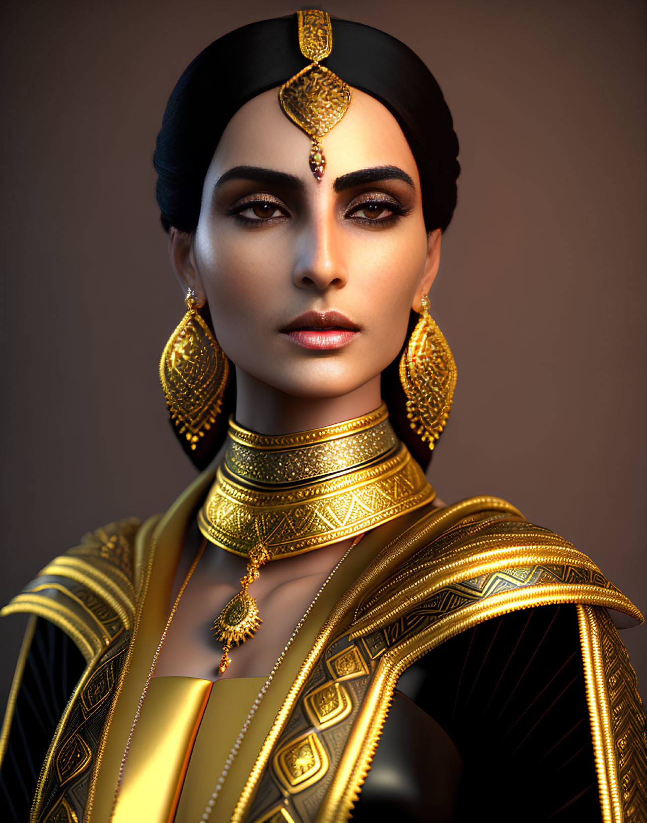 Elaborate Gold Jewelry on Woman with Sophisticated Makeup