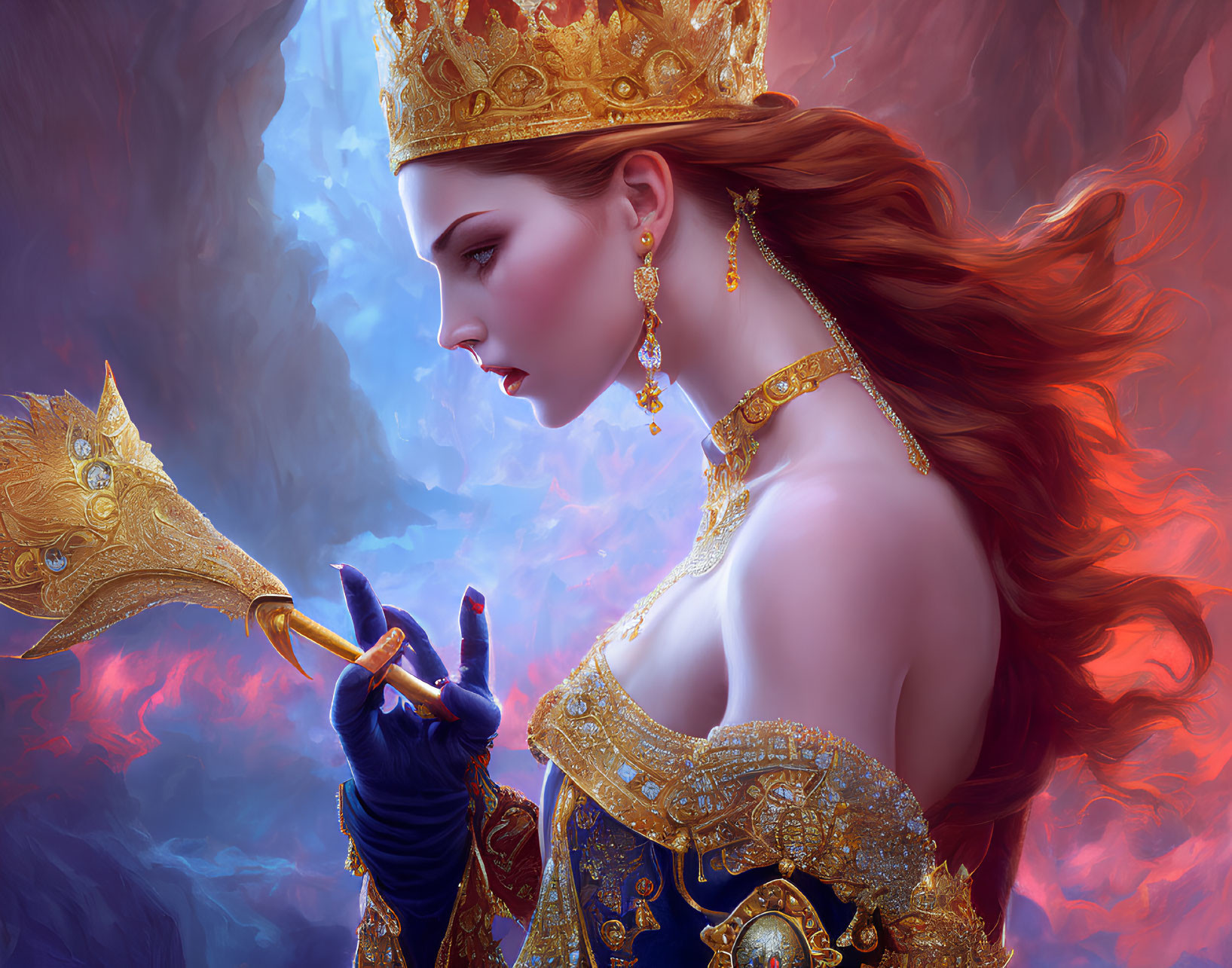 Regal woman in gold crown and armor with red hair holding a scepter