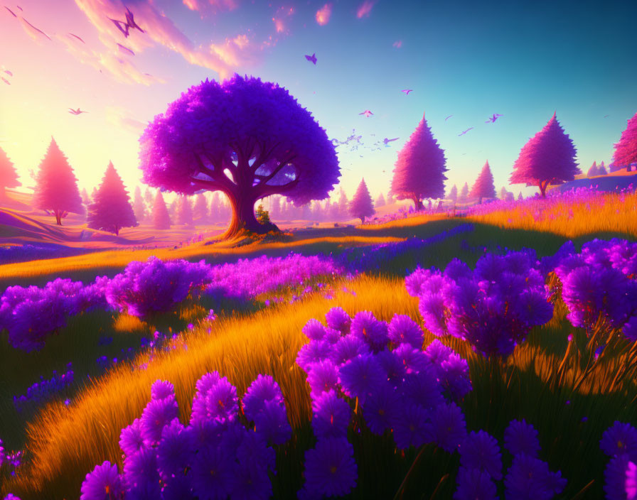 Purple Flowers Cover Sunset Landscape with Tree and Birds