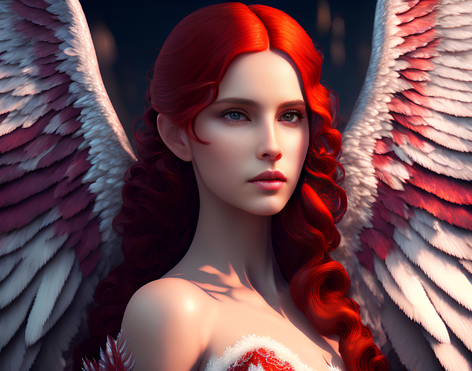 Digital art portrait: Woman with red hair and angel wings in mystical forest