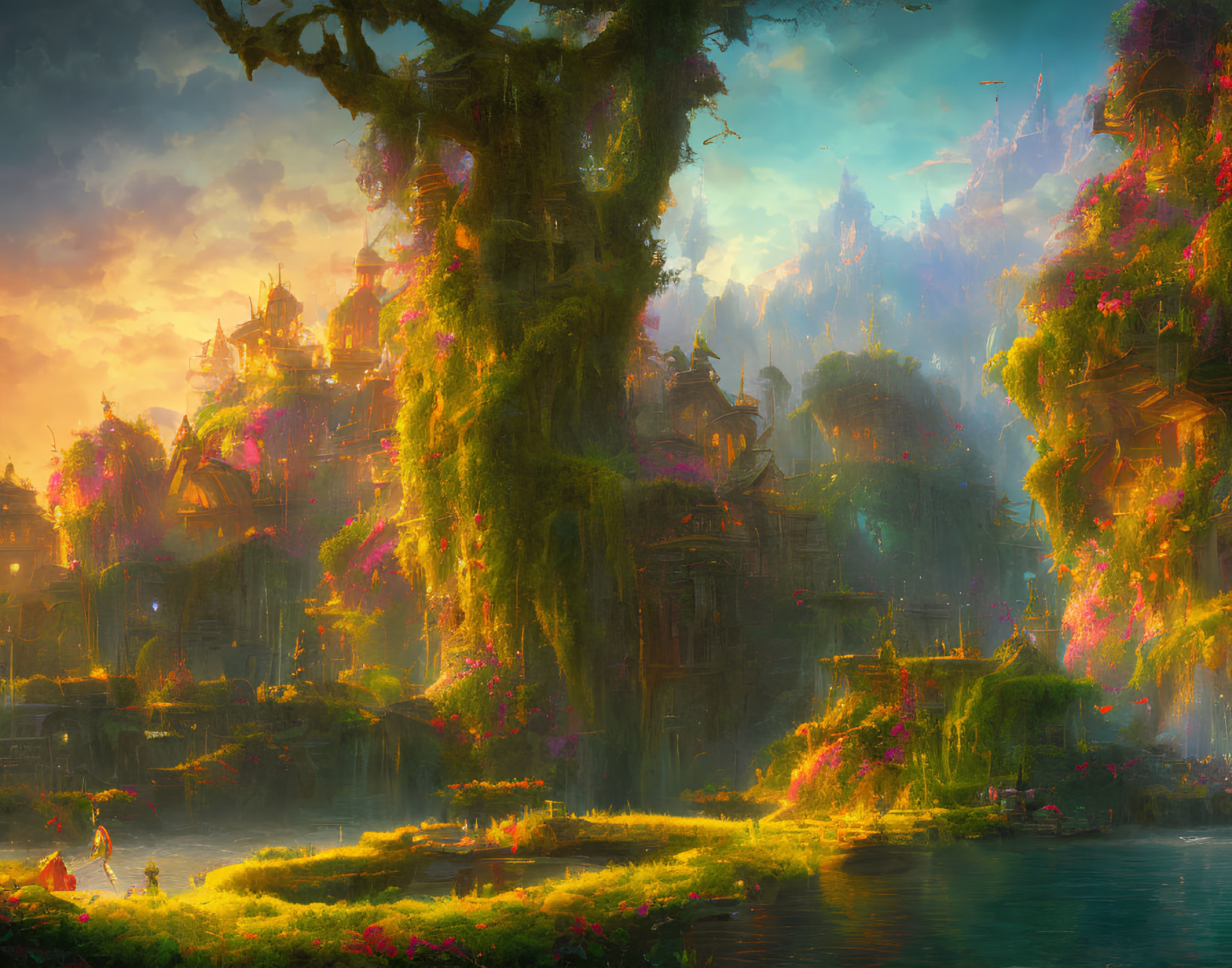 Golden-hued fantasy landscape with elaborate tree, blossoming flora, intricate architecture, serene river, lumin