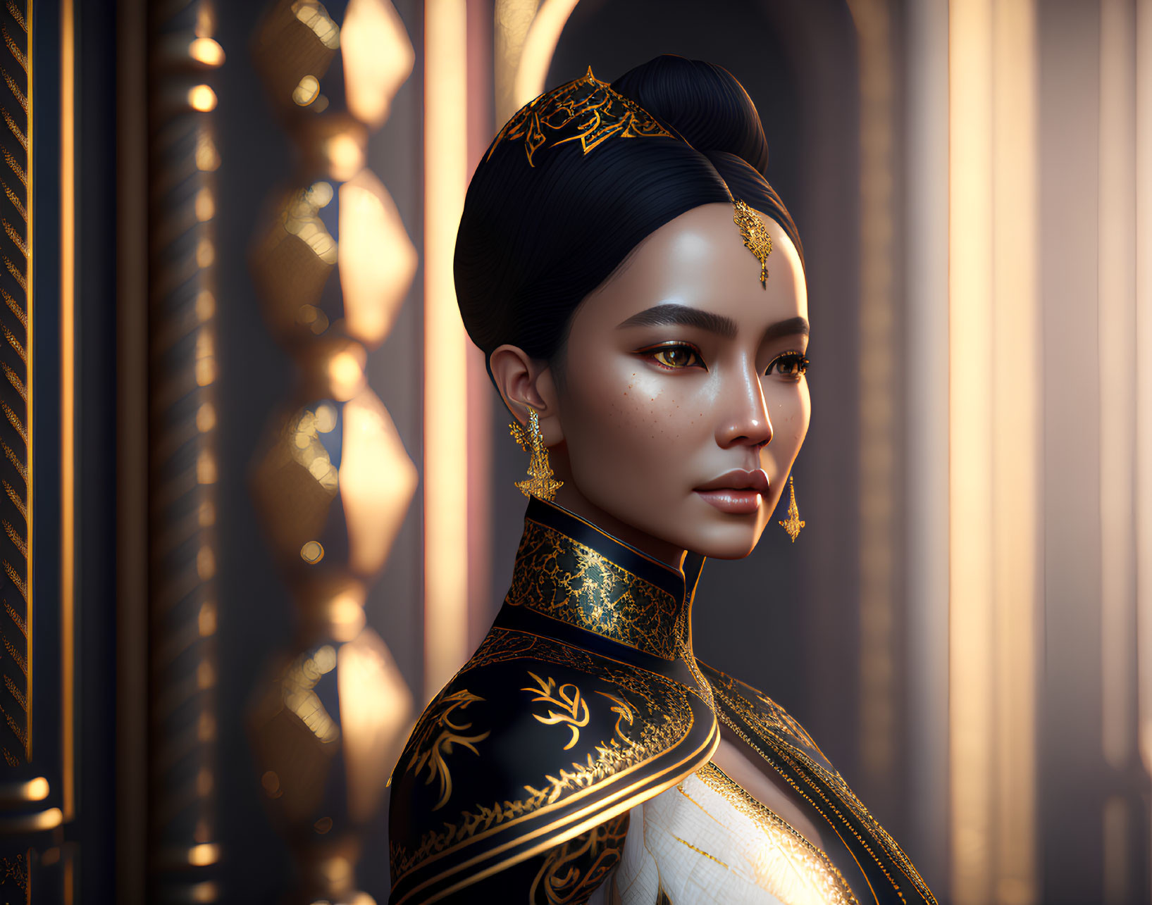 Regal woman with gold headpiece and embroidered garments on textured background