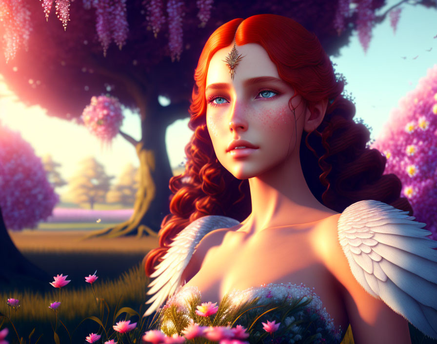 Red-Haired Angelic Woman in Blooming Garden at Sunset