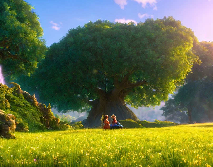 Vibrant tree and animated characters in magical meadow