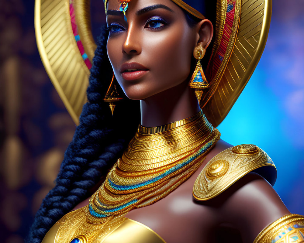 Digital artwork of a woman in ancient Egyptian attire with gold jewelry and headdress