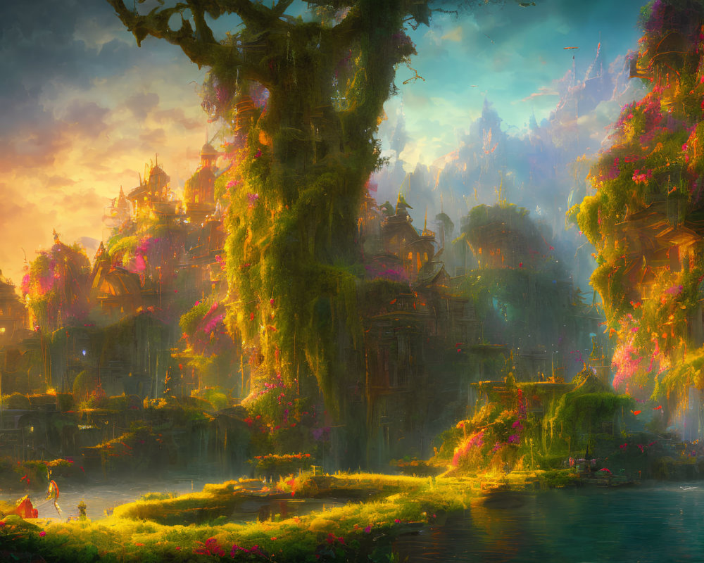 Golden-hued fantasy landscape with elaborate tree, blossoming flora, intricate architecture, serene river, lumin