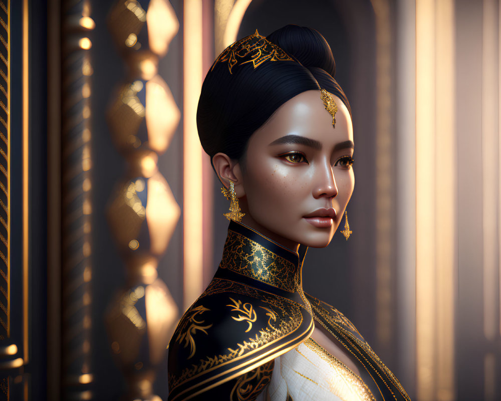 Regal woman with gold headpiece and embroidered garments on textured background
