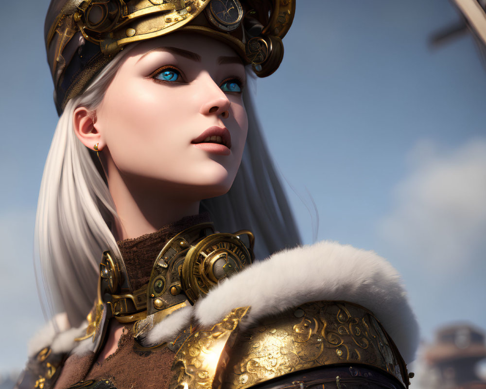 Pale-skinned woman in golden armor with blue eyes and white hair in 3D render