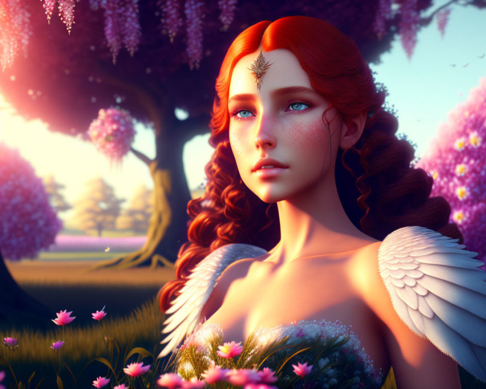 Red-Haired Angelic Woman in Blooming Garden at Sunset