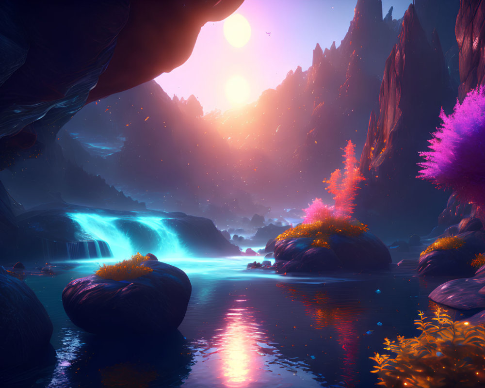 Mystical landscape with neon flora, serene river, waterfalls, pink sunset, mountains, star