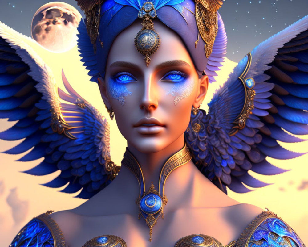 Detailed fantasy artwork of blue-skinned female figure with wings and gold jewelry in moonlit sky