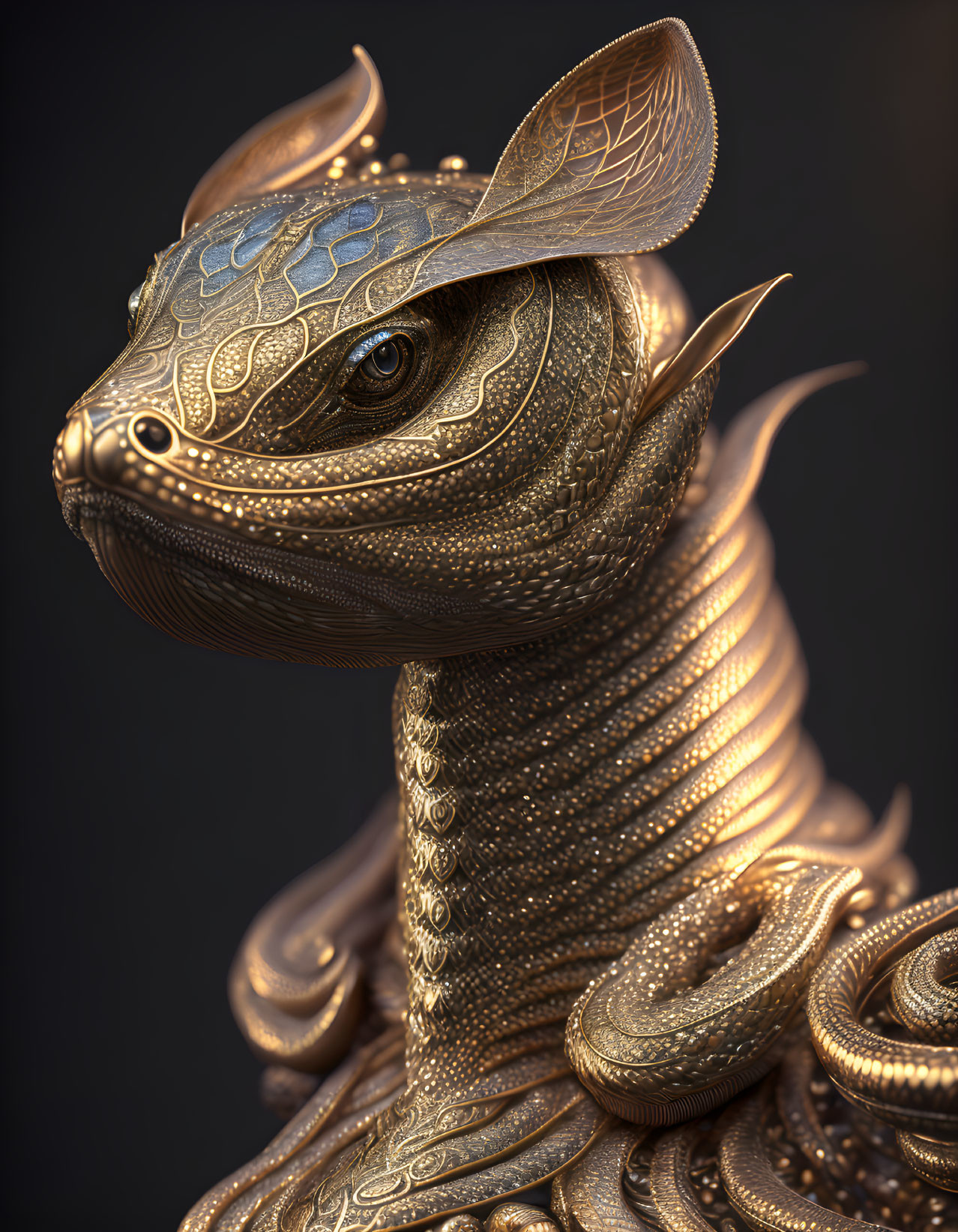 Detailed Golden Dragon Sculpture with Intricate Patterns on Dark Background