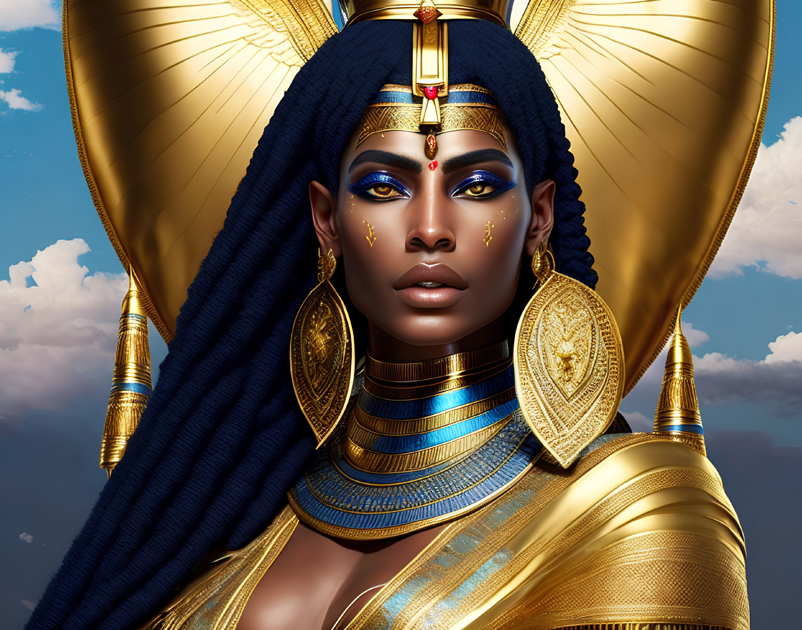 Egyptian-inspired digital artwork of a woman in golden headdress & attire