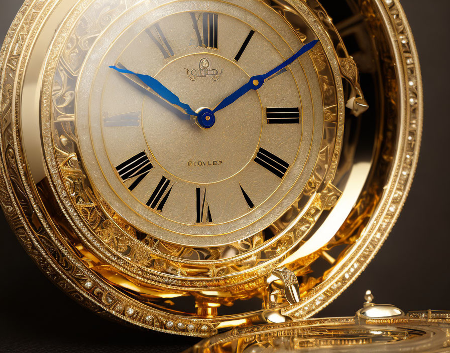 Luxurious Gold Pocket Watch with Ornate Detailing and Blue Hands