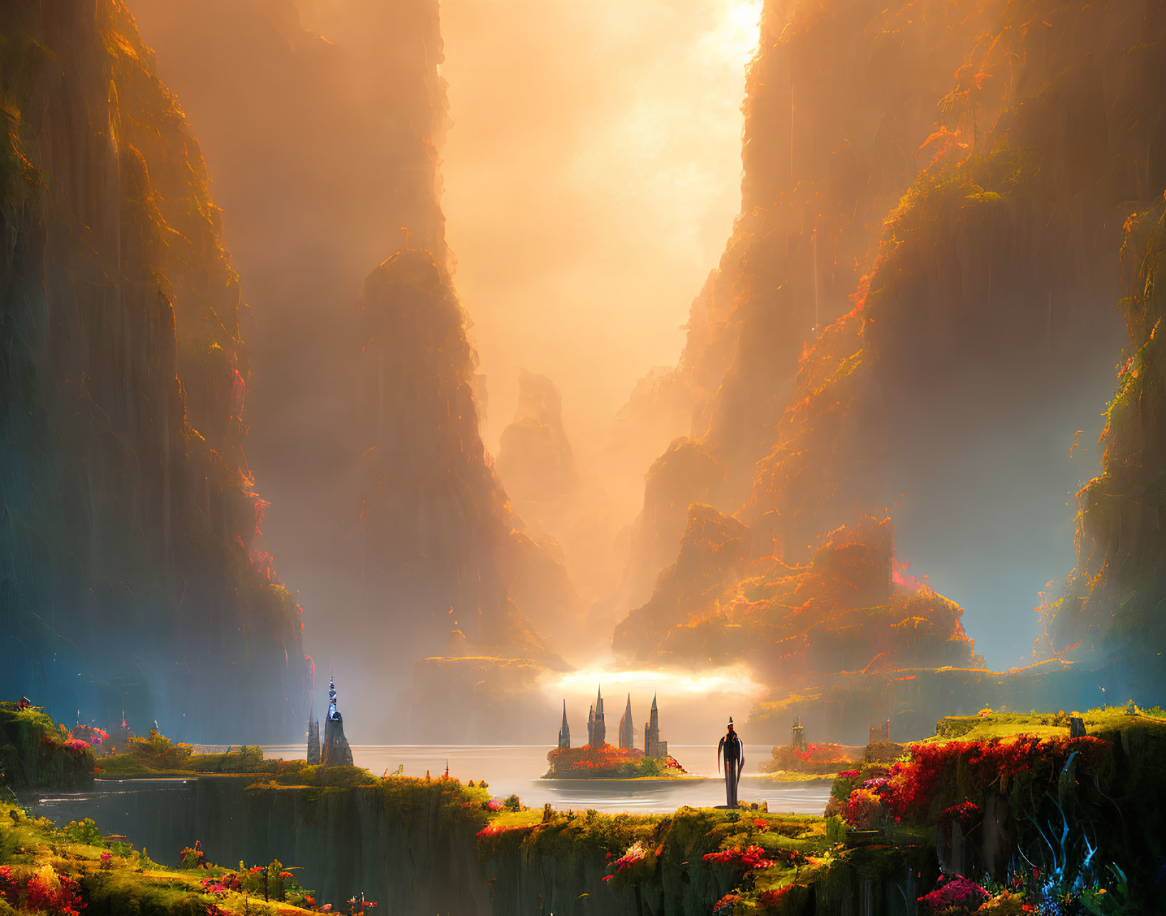 Mystical valley with towering cliffs, radiant sunrise, vivid flora, calm waters, and distant castle