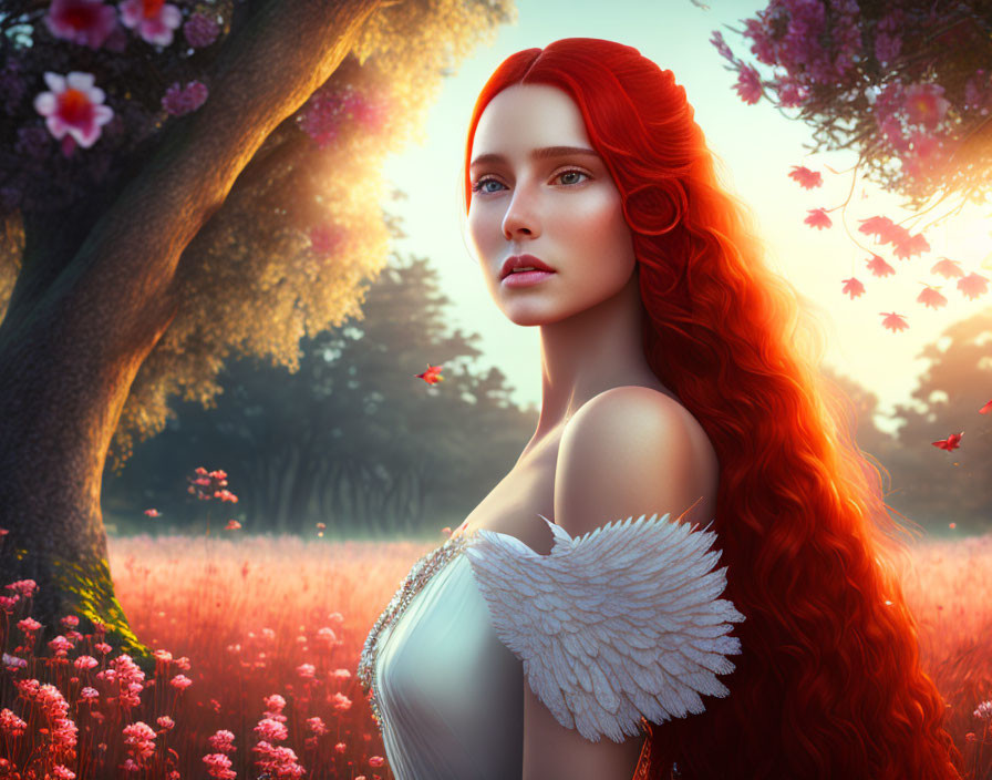 Vivid red-haired woman with angelic wings in blooming field at sunset