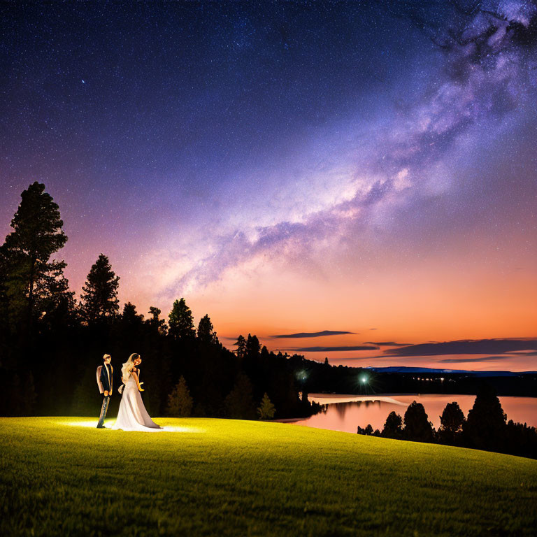 Wedding couple on hill with starry sky and sunset horizon by tranquil lake