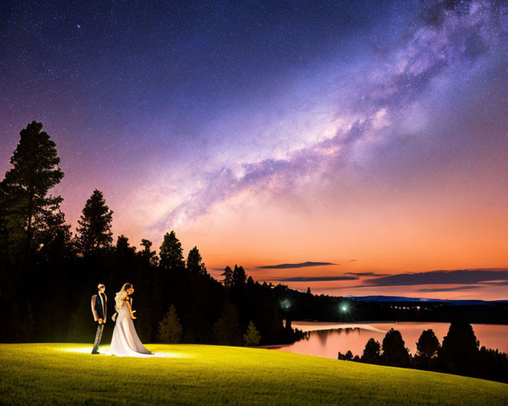 Wedding couple on hill with starry sky and sunset horizon by tranquil lake