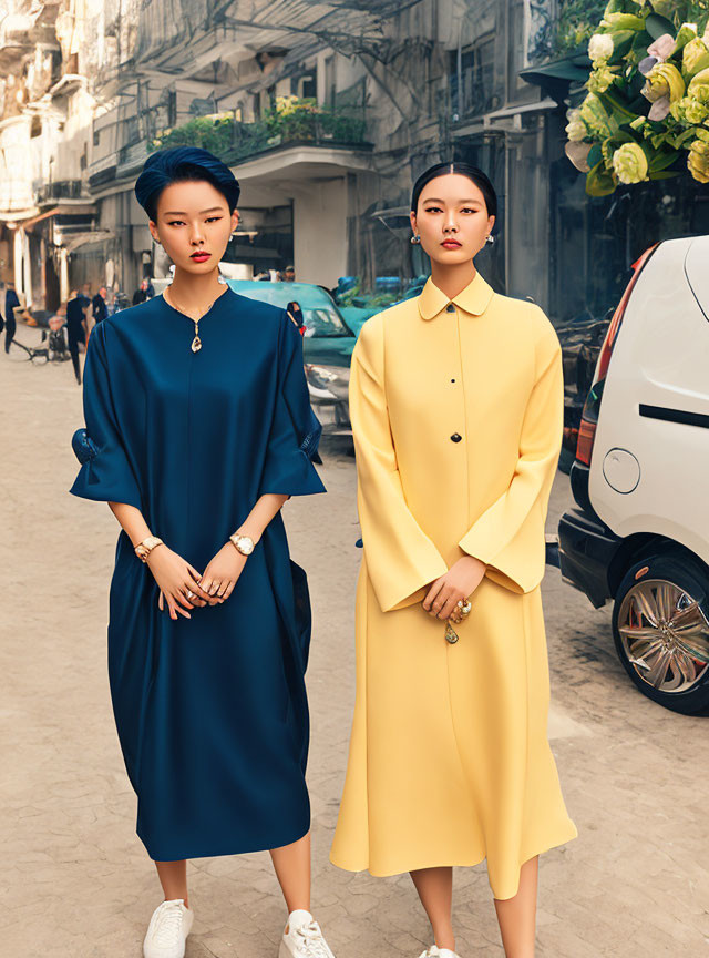 Two women in blue and yellow dresses on city street.