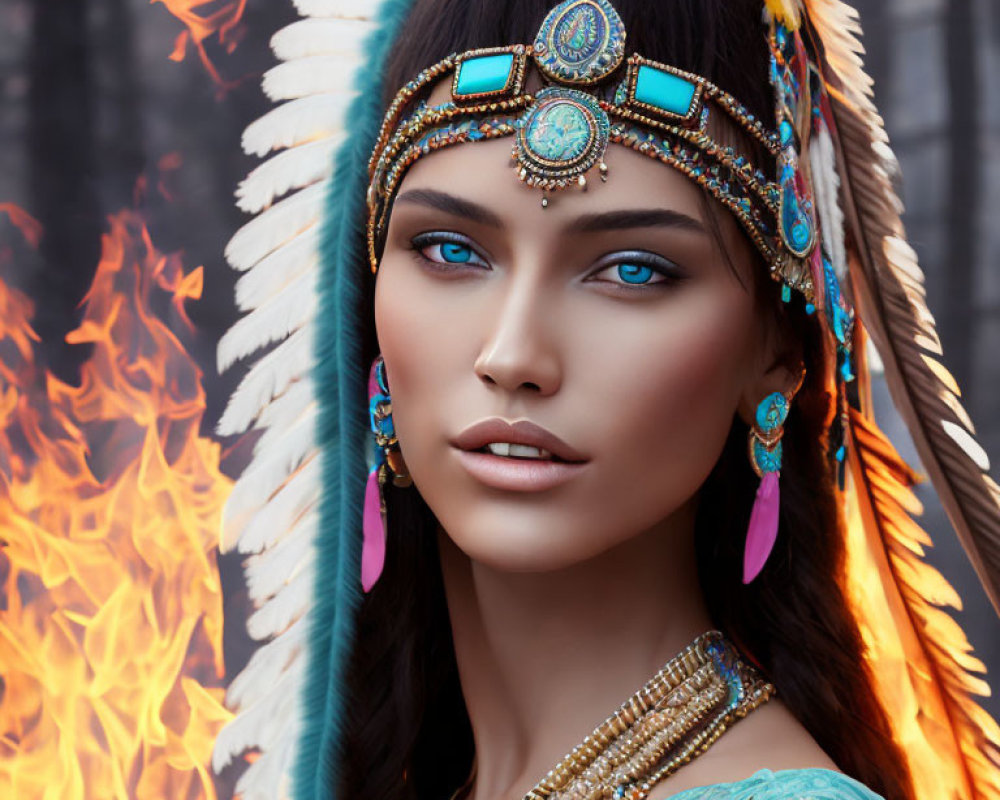 Woman with Blue Eyes in Native American Headdress Surrounded by Flames