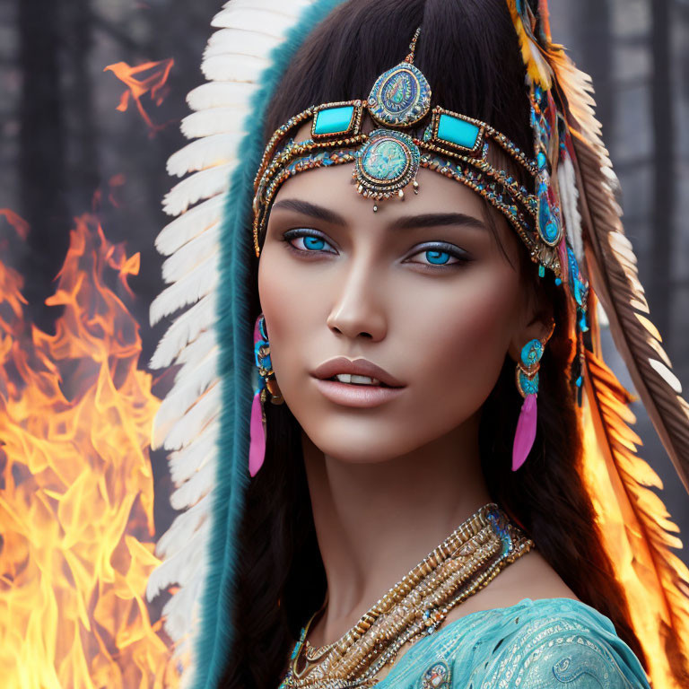 Woman with Blue Eyes in Native American Headdress Surrounded by Flames